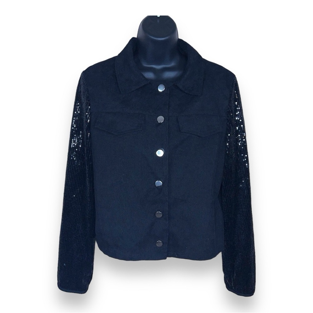 SIZE 6 BLACK CORDUROY JACKET SEQUIN SLEEVES BUTTON FRONT LONG SLEEVE